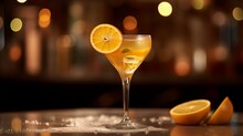 Glass of sidecar orange cocktail decorated with lemon at bar counter background Generative AI