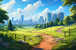 city ​​view seen from far and lake, anime style