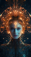 Canvas Print - A woman in a futuristic suit with glowing lights on her head. Generative AI image.