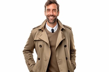 Poster - Handsome man with trench coat smiling at the camera on isolated white background