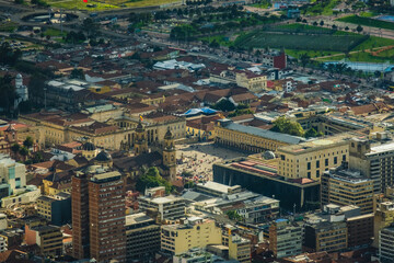 Sticker - aerial of Bogota Main square in historical downtown colonial cathedral city center church and main square 