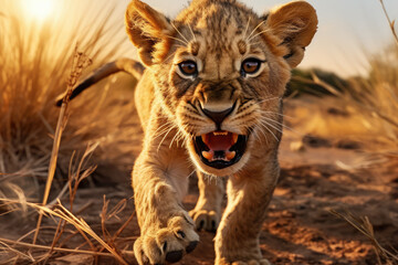  lion cub playing, full body camera, beautiful background, savannah background, ai generated.