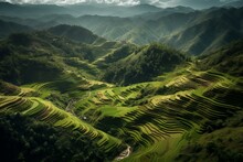 A Stunning Aerial View Of Lush Terraced Rice Paddies In Mae Chaem, Chiang Mai, Thailand, Surrounded By Idyllic Mountains And Valleys. Generative AI