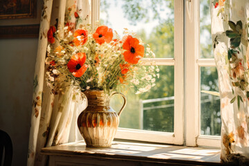 Wall Mural - Bunch of Field Poppies Flowers in Vase Against Old Sunny Window Painting. Canvas Texture.