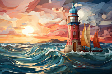 Poster - Seafaring abstract geometric Lighthouse , rendered in soft hues of bright blue, cream, pink, fawn, and green . Generative AI technology.