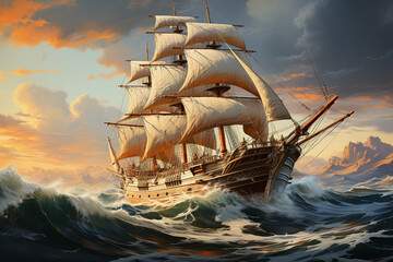 Poster - A majestic sailing ship with billowing white sails navigating the open ocean, evoking a sense of adventure and exploration.  Generative AI technology.