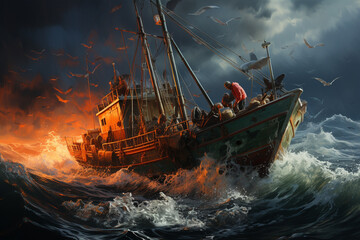Poster - A crew of fishermen aboard a fishing trawler, busy hauling in nets filled with a bountiful catch of fish.  Generative AI technology.