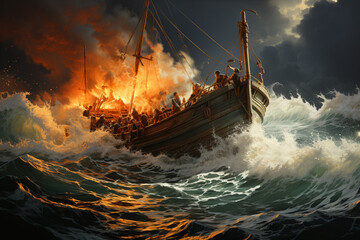 Poster - a crew of fishermen aboard a fishing trawler, busy hauling in nets filled with a bountiful catch of 