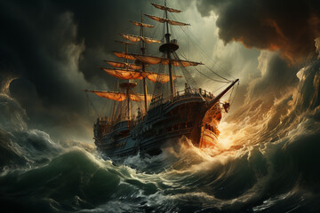 Poster - A dramatic storm at sea, with towering waves crashing against a ship, emphasizing the challenges and dangers of seafaring.  Generative AI technology.