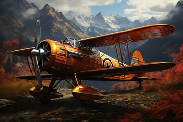 Aufkleber - A vintage biplane with an open cockpit, evoking a sense of nostalgia and the early days of aviation.  Generative AI technology.