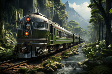 Poster - A train traveling through a dense forest, surrounded by lush greenery and tall trees. Generative AI technology.