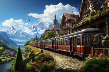 Aufkleber - A train passing by a picturesque countryside village, with colorful houses and a quaint railway station.  Generative AI technology.
