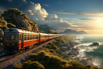 Poster - A train traveling alongside a stunning coastal landscape, with waves crashing against rocky cliffs.  Generative AI technology.