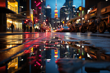 Aufkleber - Raindrops falling on a city street, reflecting the colorful lights of traffic and creating a vibrant atmosphere. Generative AI technology.