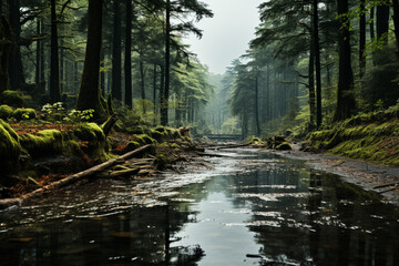 Poster - A rainy forest scene with misty trees and lush green foliage, evoking a sense of tranquility and serenity. Generative AI technology.