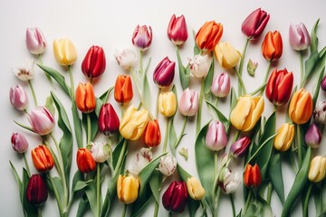  Beautiful display of tulips on white background, ideal for events. Top view with room for text. Generative AI
