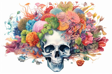 Poster - A mixed media artwork combining watercolor techniques and floral motifs to form a brain. Generative AI technology.