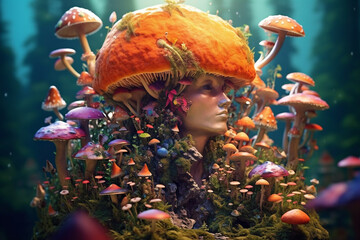Poster - A mesmerizing composition that blends the human head with an assortment of mushroom species, presenting a fusion of organic and mystical elements. Generative AI technology.