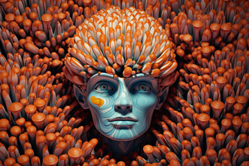Poster - An abstract depiction of a mushroom-based human head, with the mushrooms arranged in an orderly pattern to form. Generative AI technology.