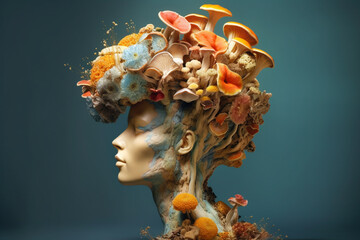 Poster - An innovative artwork combining photography and sculpture, where a human head sculpture is adorned with various mushroom species. Generative AI technology.