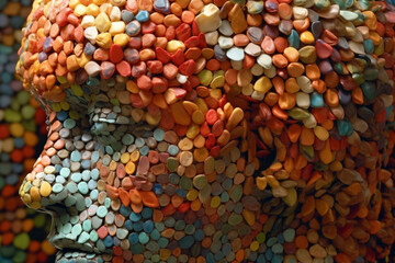 Aufkleber - : A three-dimensional installation where a human head sculpture is covered in a mosaic of different mushroom varieties. Generative AI technology.