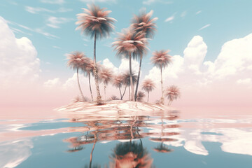 Poster - Floating Oasis: A captivating image of palm trees suspended in mid-air, defying gravity in an abstract surreal landscape. Generative AI technology.