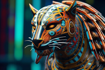 Fototapete - Spirit of the Jaguar: An abstract representation of an Aztec warrior infused with the spirit of the jaguar. Generative AI technology.