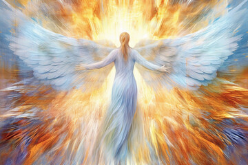 Poster - Ascending Spirit: An image that portrays the abstract form of an Archangel ascending towards the heavens. Generative AI technology.