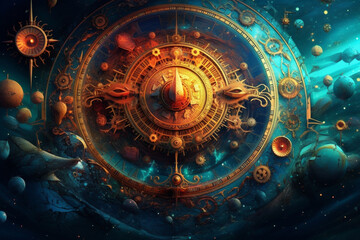Poster - Sumerian Cosmos: A captivating image featuring abstract celestial motifs inspired by Sumerian cosmology, with swirling patterns and cosmic hues. Generative AI technology.