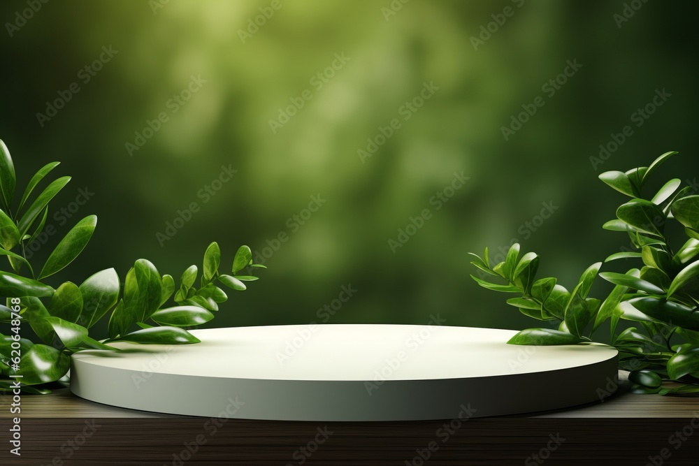 Abstract natural organic green scene with geometric wood podium display ...