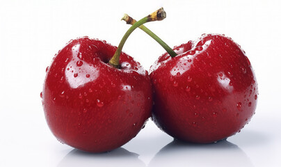 Wall Mural - macro of two cherries on white background