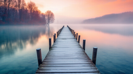 Wall Mural - wooden pier or jetty on lake on misty morning sunrise