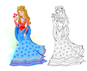 Wall Mural - Colorful and black and white page for kids coloring book. Fantasy drawing of beautiful fairyland princess in fashionable dress. Worksheet for children and adults. Vector cartoon image.