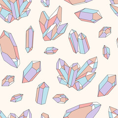 Wall Mural - Multicoloured crystals vector seamless pattern. Witchy Halloween background. Groovy boho magic surface design.