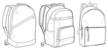 Set Of Backpack Bag Flat Sketch Fashion Illustration Drawing Template Mock Up, Backpack Cad Drawing.