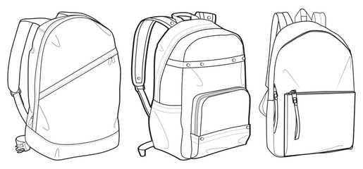 Set of Backpack bag flat sketch fashion illustration drawing template mock up, Backpack cad drawing.