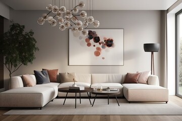 Wall Mural - sofa near concrete wall with abstract nature poster. Interior design of modern living room. generative AI