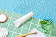 © Marc Tran/Stocksy - Flat lay composition with hygiene and body care products.