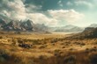 Panoramic painting of vintage Wild West prairies and mountains. Generative AI
