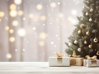 empty white table with christmas tree blurred background for product display