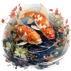 Wall Mural - A vibrant Watercolor Koi Clipart depicting a Japanese floral koi fish swimming gracefully in a pond surrounded by a lush bamboo forest, Generative Ai