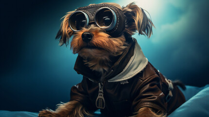 Wall Mural - Cool looking dog wearing funky fashion dress - jacket, tie, glasses. Stylish animal posing as Pilot Aviator with Vintage Sunglasses Generative AI	