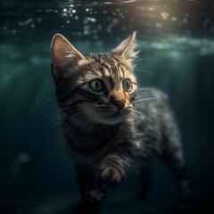 A kitten cat is swimming underwater in summer pool