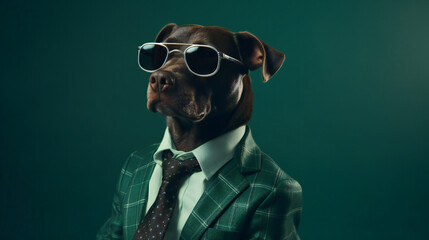 Wall Mural - Cool looking dog wearing funky fashion dress - jacket, tie, glasses. Stylish animal posing as supermodel. Generative AI