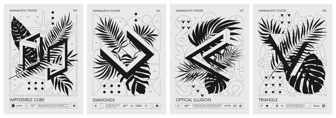 futuristic retro vector minimalistic posters with 3d impossible geometric shapes and exotic leaves, 