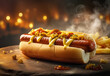 Hot dog with pickles, fried onions, sauce and mustard closeup on rustic background. Generative AI 