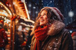 © VisualProduction - Young woman enjoying Christmas market with holiday spirit, snowy weather, winter wonderland. Generative AI