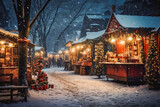 People enjoying Christmas market with holiday spirits, snowy weather, winter wonderland. Generative AI