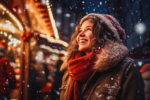 Young Woman Enjoying Christmas Market With Holiday Spirit, Snowy Weather, Winter Wonderland. Generative AI
