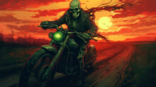 Skeleton Biker Rides A Motorcycle Into The Sunset.